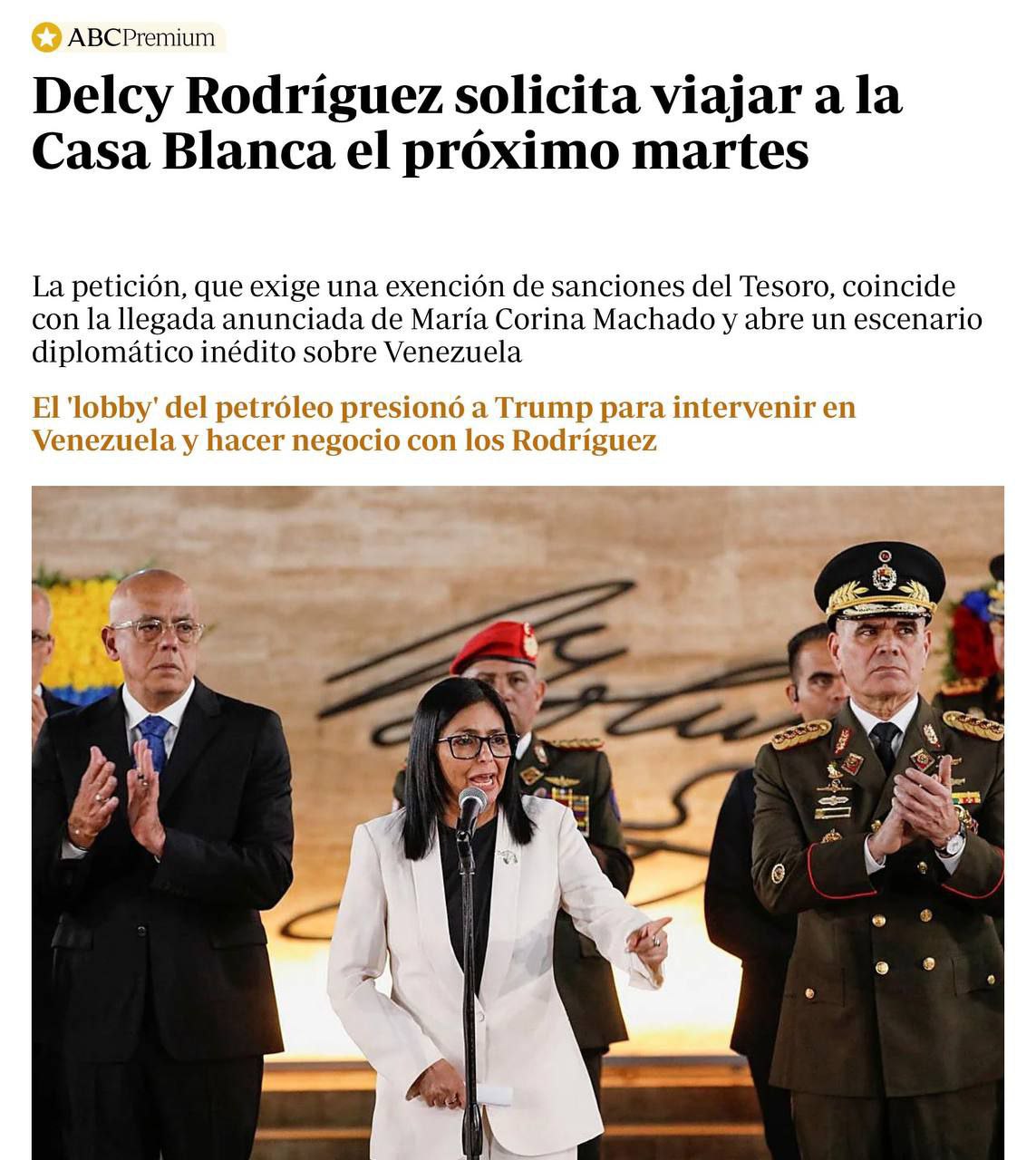 И. о. президента Венесуэлы Делси Родригес планирует посетить Вашингтон во вторник с возможным визитом, — ABC Internacional со ссылкой на источники