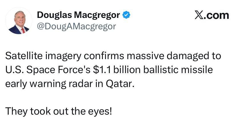 Полковник армии США Дуглас Макгрегор - подтвердил, что Иран уничтожил американский радиолокатор дальнего обнаружения AN/FPS-132 UEWR: