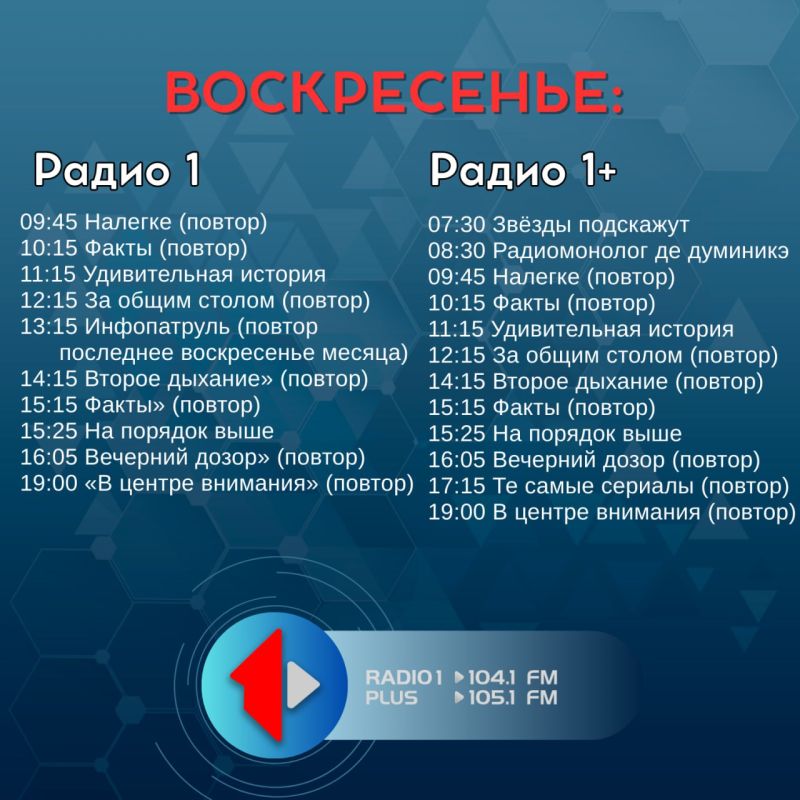 ВОСКРЕСЕНЬЕ — СЕГОДНЯ В ЭФИРЕ! На Радио 1 и Радио 1+ Не пропустите!