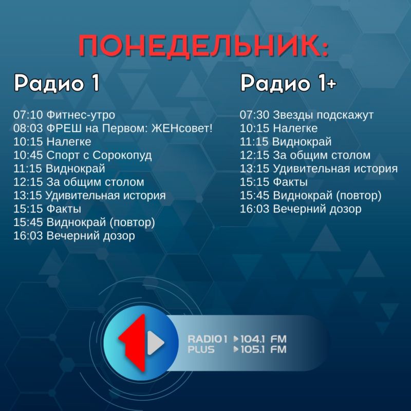 ПОНЕДЕЛЬНИК — СЕГОДНЯ В ЭФИРЕ! На Радио 1 и Радио 1+ Не пропустите!