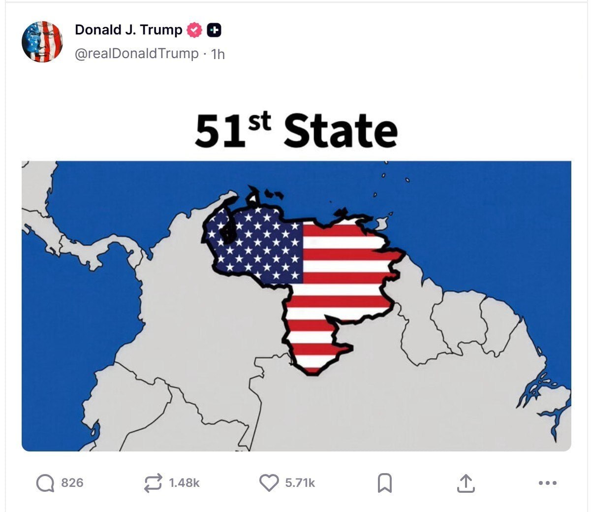 Трамп опубликовал карту Венесуэлы с подписью «51-й штат» в Truth Social