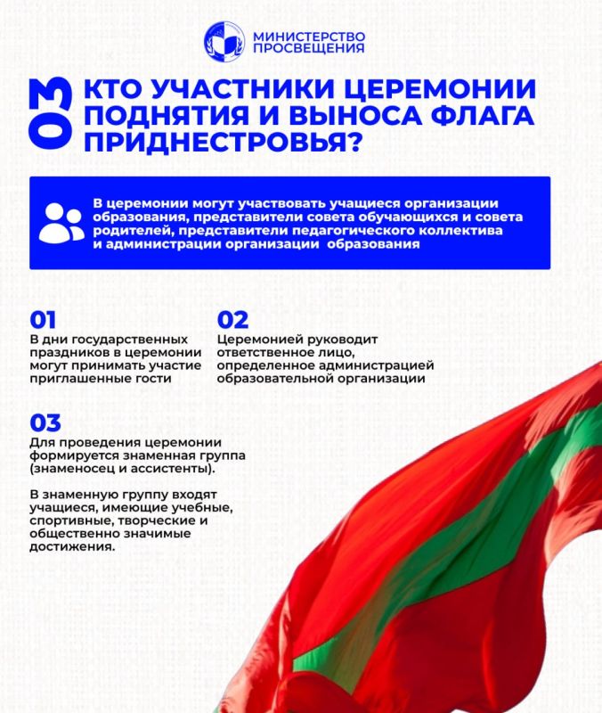 С 1 сентября в школах, техникумах и колледжах каждая учебная неделя будет торжественно начинаться с церемонии поднятия Государственного флага Приднестровской Молдавской Республики и исполнения Государственного гимна С 1 сентября в школах, техникумах и колледжах каждая учебная неделя будет торжественно начинаться с церемонии поднятия Государственного флага Приднестровской Молдавской Республики и исполнения Государственного гимна