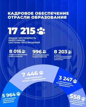 В 2025/2026 учебном году в системе образования трудились 17 215 человек, из которых 8016 – педагогические работники, 996 – руководящие, 8203 – учебно-вспомогательный и хозяйственный персонал