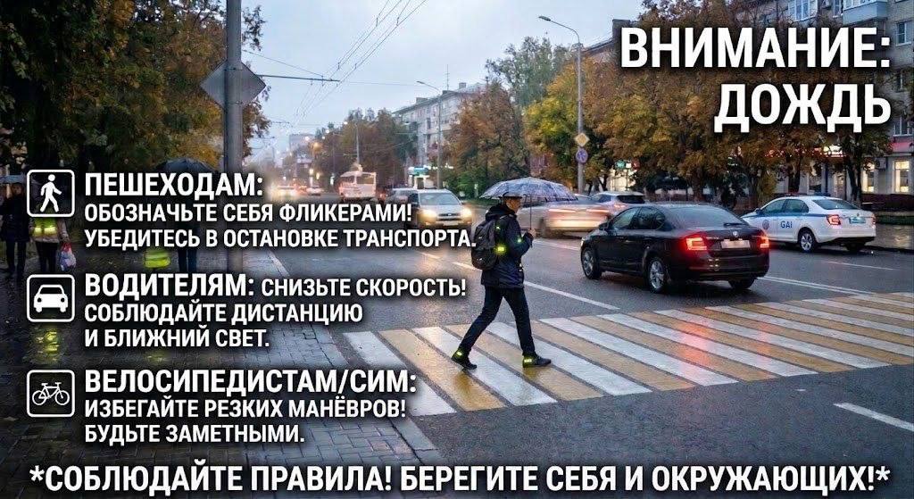 ВНИМАНИЕ: ДОЖДЬ !. Мокрое покрытие снижает сцепление шин с дорогой и увеличивает тормозной путь, а зонты и капюшоны ухудшают обзор